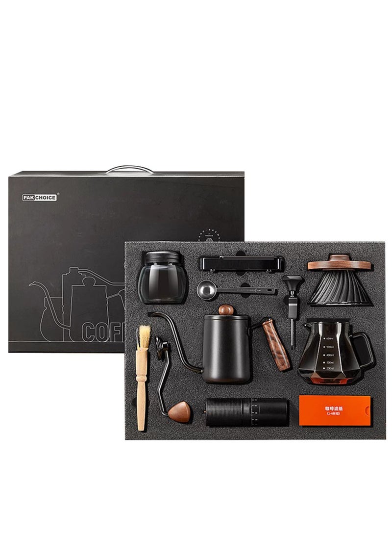 PAKCHOICE 10 Pcs Drip Coffee Maker Set V60 Drip Coffee Set with Goose Neck Kettle Digital Scale Manual Grinder and 100 Pcs Paper Filter Hand Brewing Coffee Accessories Kit - Image 1